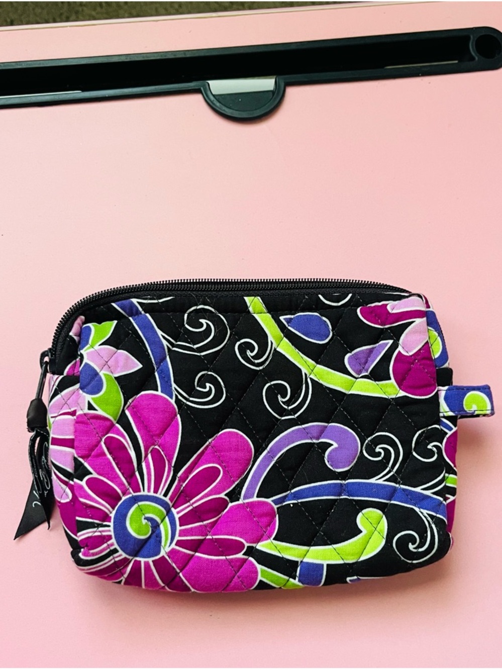 Vera Bradley Quilted Floral Zip Pouch - Black with Pink & Green
